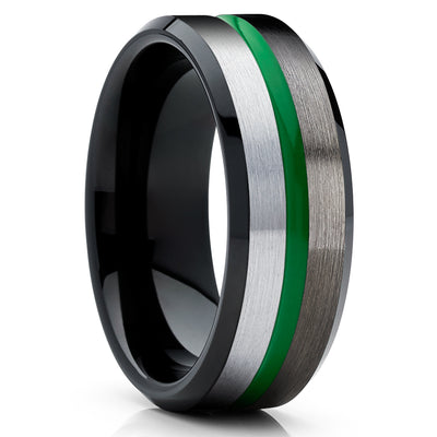 Green Tungsten Ring - Green Tungsten Wedding Ring - Gunmetal Tungsten Ring - Brush