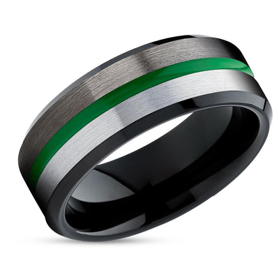 Green Tungsten Ring - Green Tungsten Wedding Ring - Gunmetal Tungsten Ring - Brush