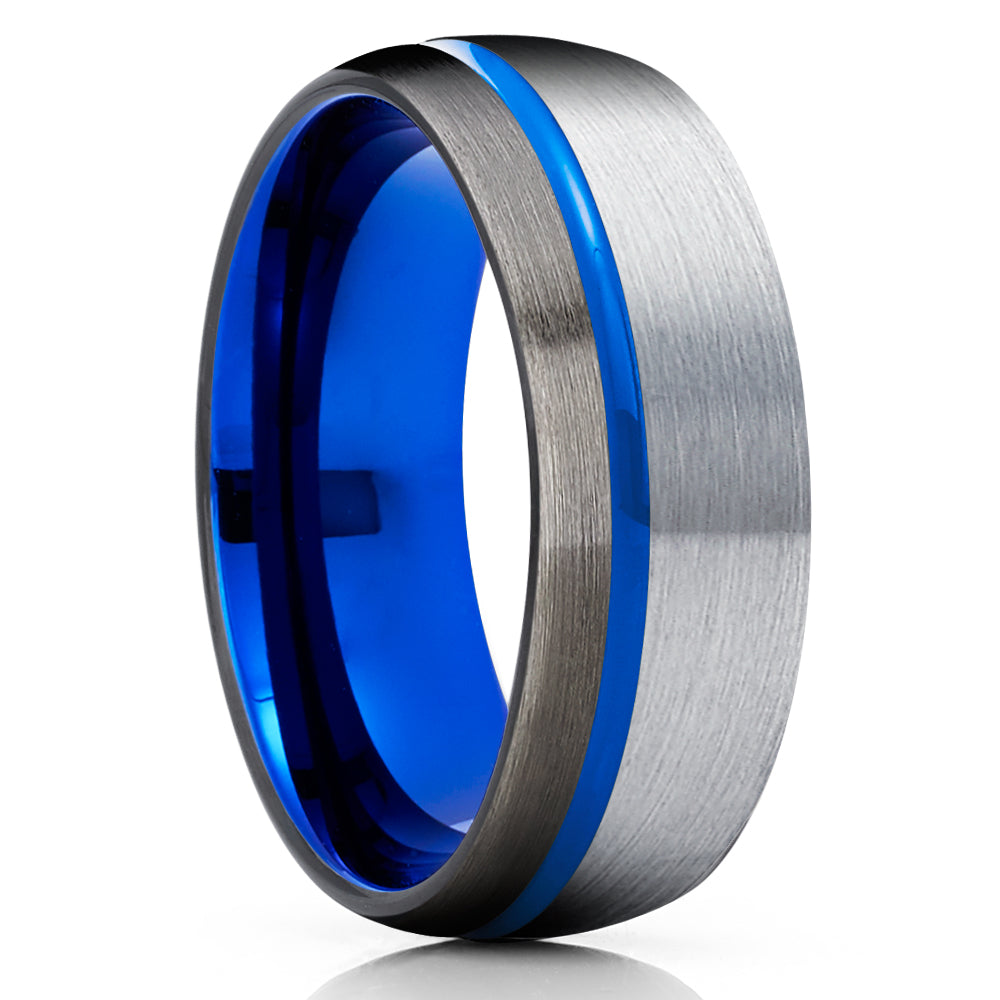 Blue Wedding Band - Blue Tungsten Ring - Gunmetal Tungsten Ring - Blue Tungsten Band