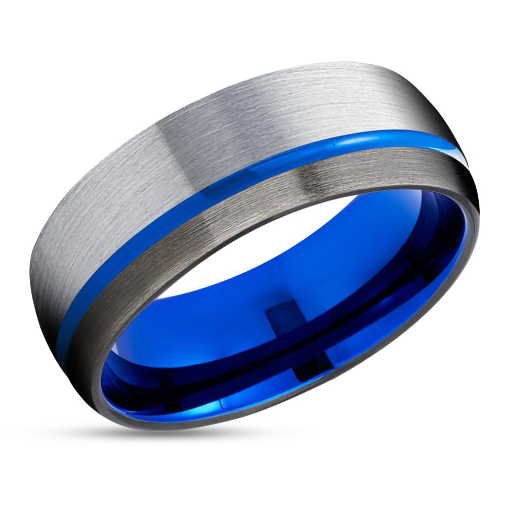 Blue Wedding Band - Blue Tungsten Ring - Gunmetal Tungsten Ring - Blue Tungsten Band