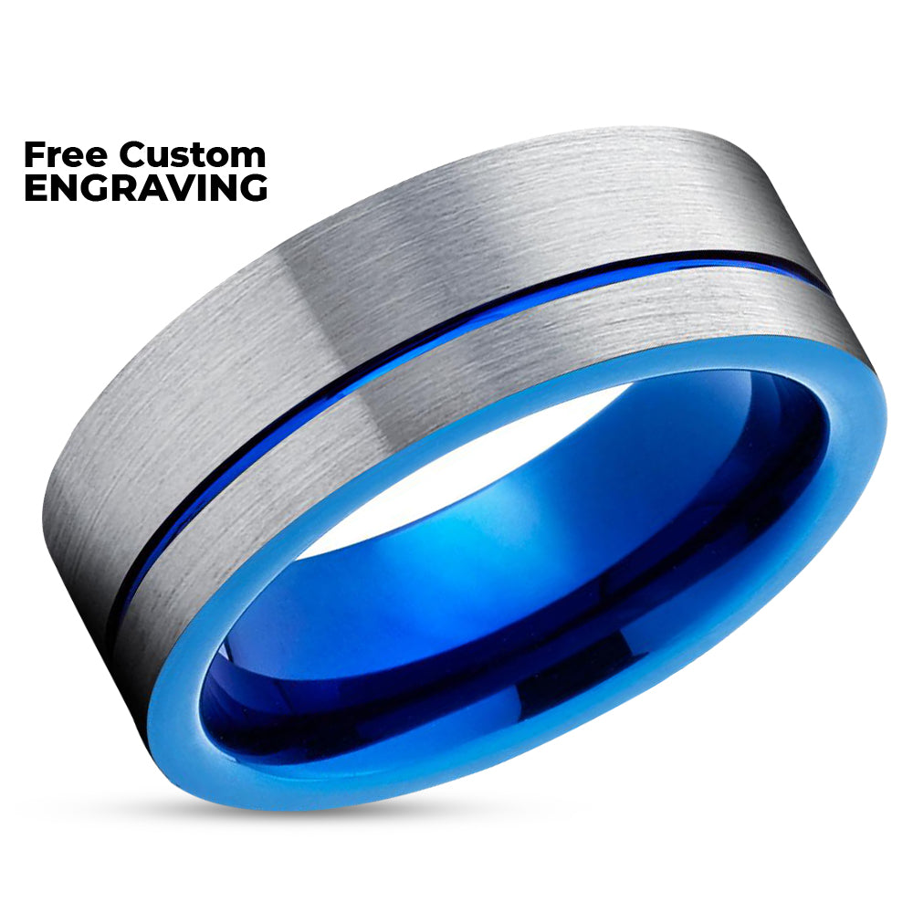 Blue Wedding Band - Blue Tungsten Ring - Tungsten Wedding Ring - Silver Ring