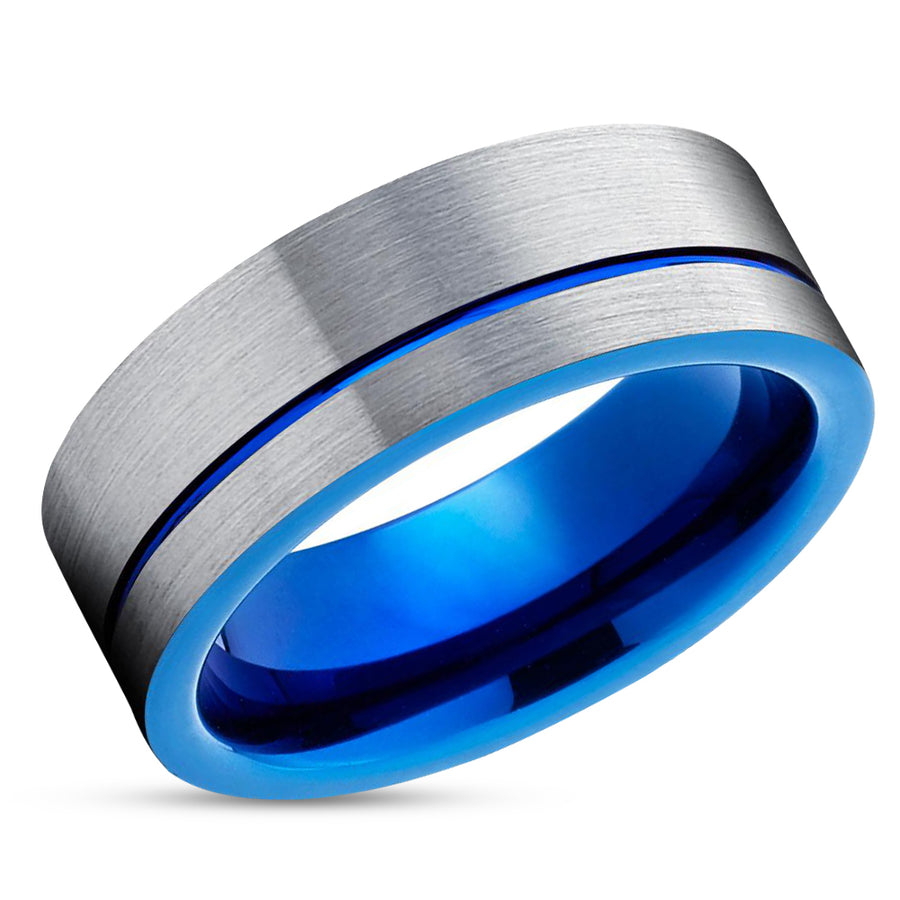 Blue Wedding Band - Blue Tungsten Ring - Tungsten Wedding Ring - Silver Ring