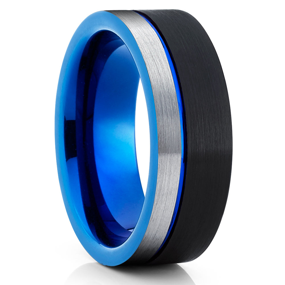Blue Tungsten Ring - Silver Tungsten Ring - Tungsten Wedding Ring - Black Ring