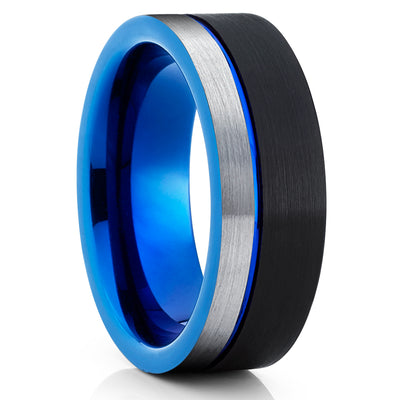 Blue Tungsten Ring - Silver Tungsten Ring - Tungsten Wedding Ring - Black Ring