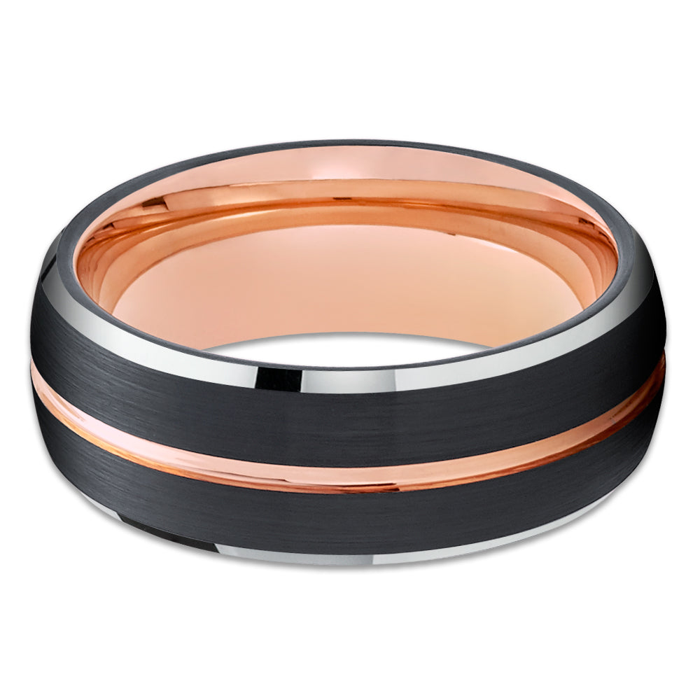 Black Wedding Ring - Rose Gold Wedding Band - 18k Rose Gold - Black Tungsten Ring - Dome