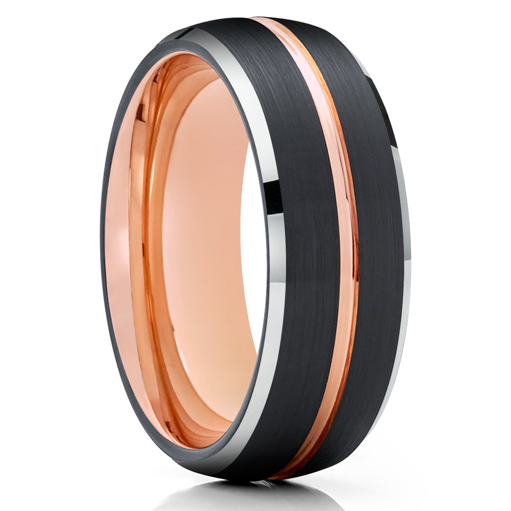 Black Wedding Ring - Rose Gold Wedding Band - 18k Rose Gold - Black Tungsten Ring - Dome