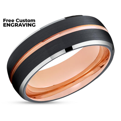 Black Wedding Ring - Rose Gold Wedding Band - 18k Rose Gold - Black Tungsten Ring - Dome