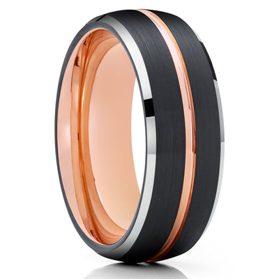 Black Wedding Ring - Rose Gold Wedding Band - 18k Rose Gold - Black Tungsten Ring - Dome