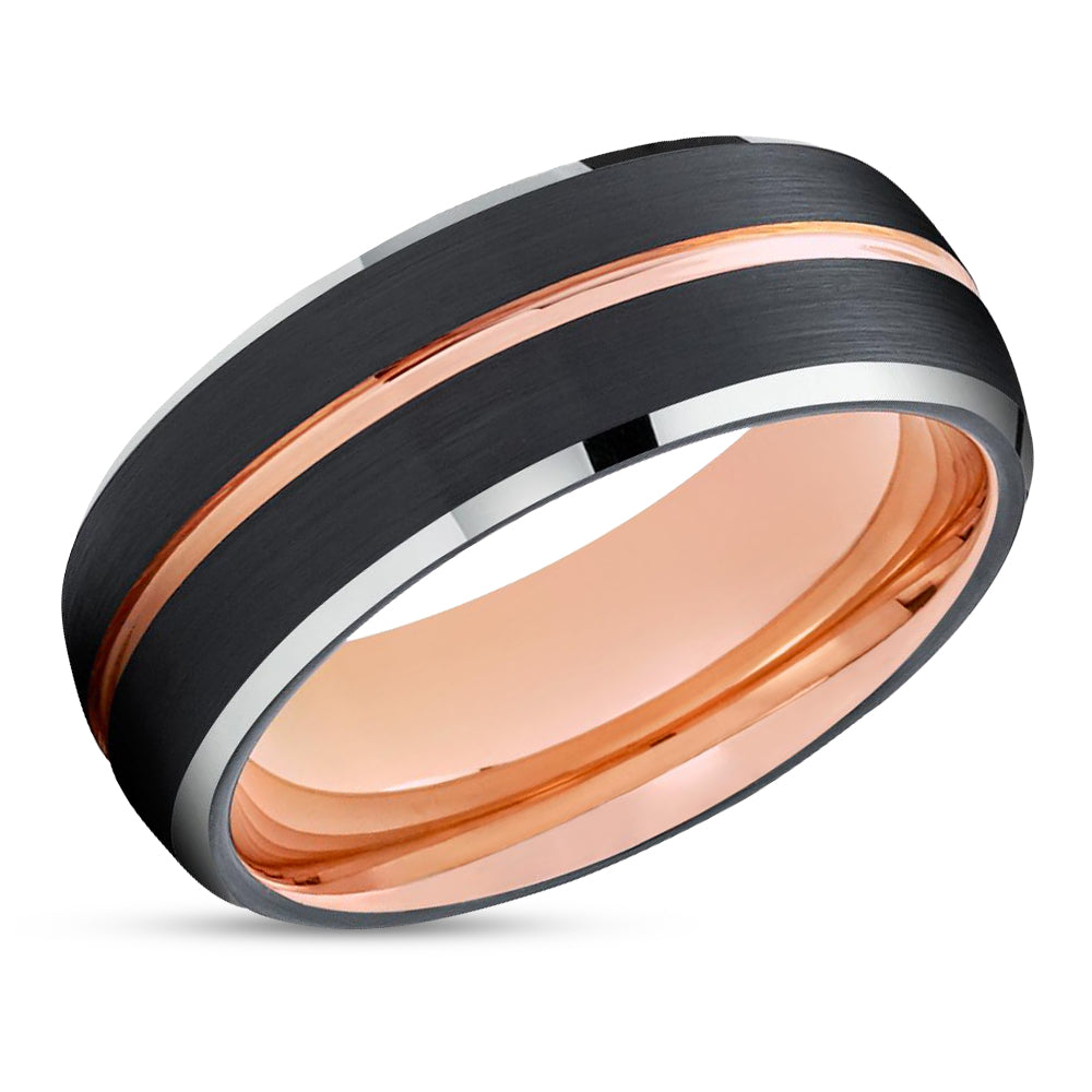 Black Wedding Ring - Rose Gold Wedding Band - 18k Rose Gold - Black Tungsten Ring - Dome