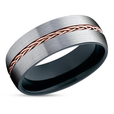 Black Tungsten Ring - Braid Ring - Rose Gold Tungsten Wedding Ring - Gray Tungsten Ring