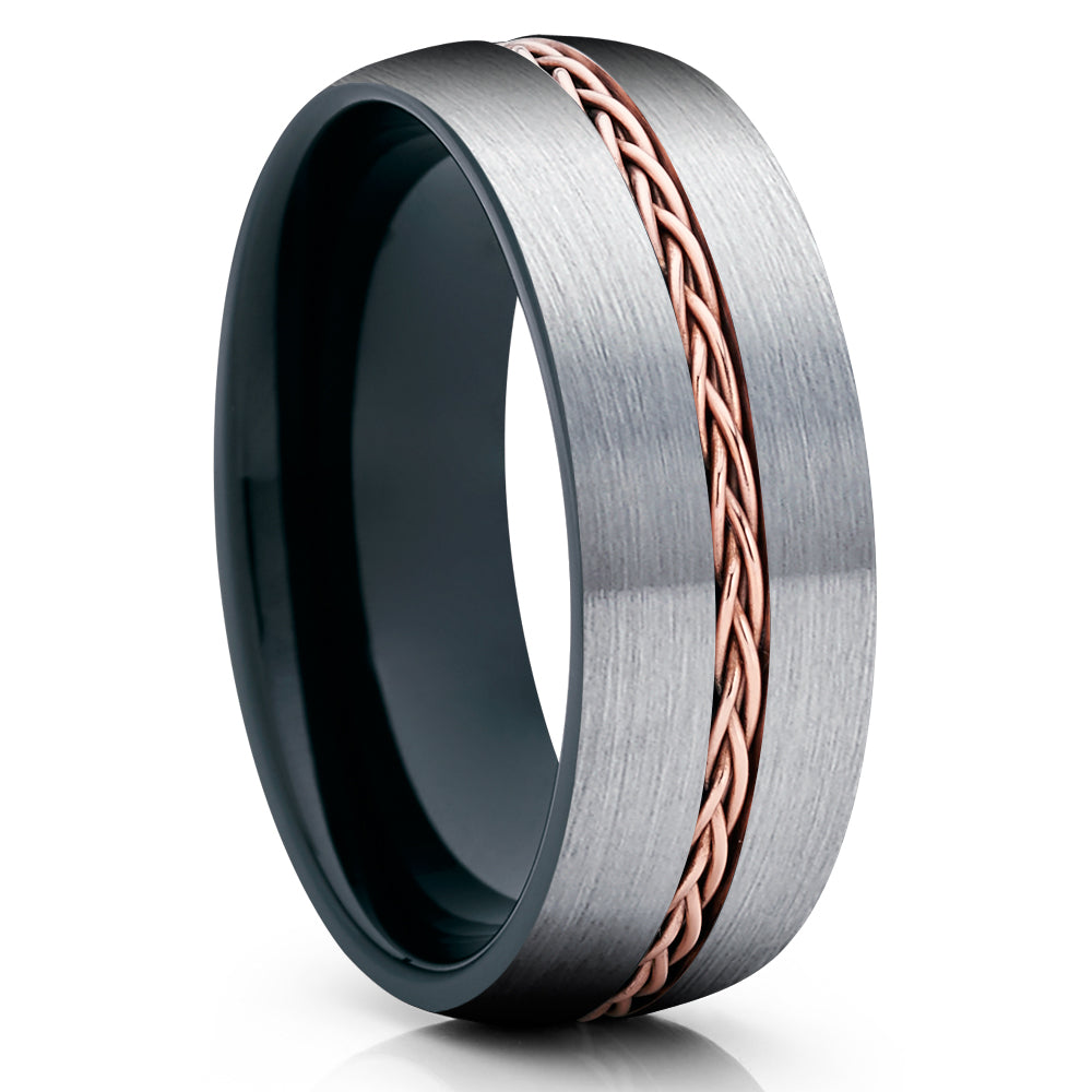 Black Tungsten Ring - Braid Ring - Rose Gold Tungsten Wedding Ring - Gray Tungsten Ring