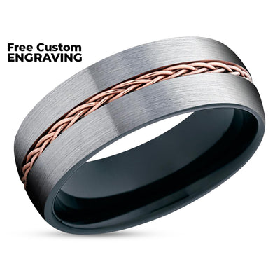 Black Tungsten Ring - Braid Ring - Rose Gold Tungsten Wedding Ring - Gray Tungsten Ring
