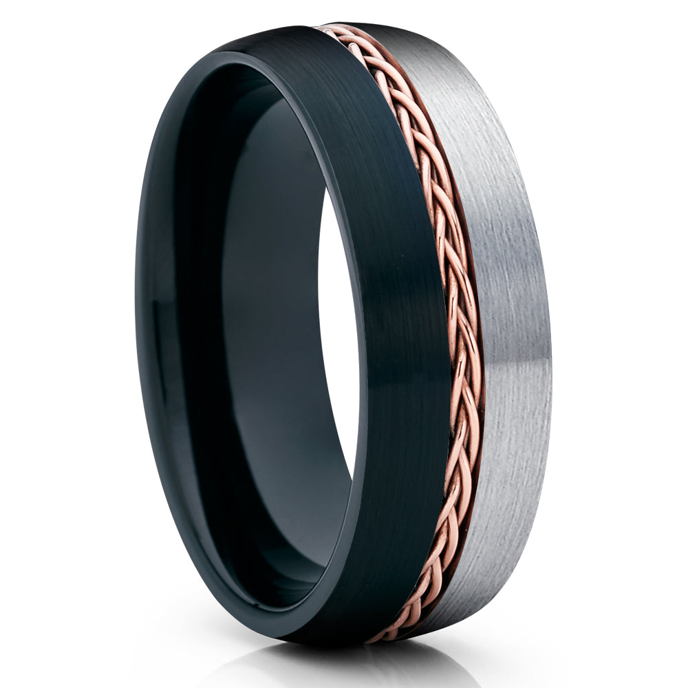 Black Tungsten Wedding Band - Men & Women - Rose Gold Braid - Gray Tungsten Ring