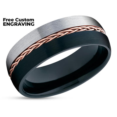 Black Tungsten Wedding Band - Men & Women - Rose Gold Braid - Gray Tungsten Ring