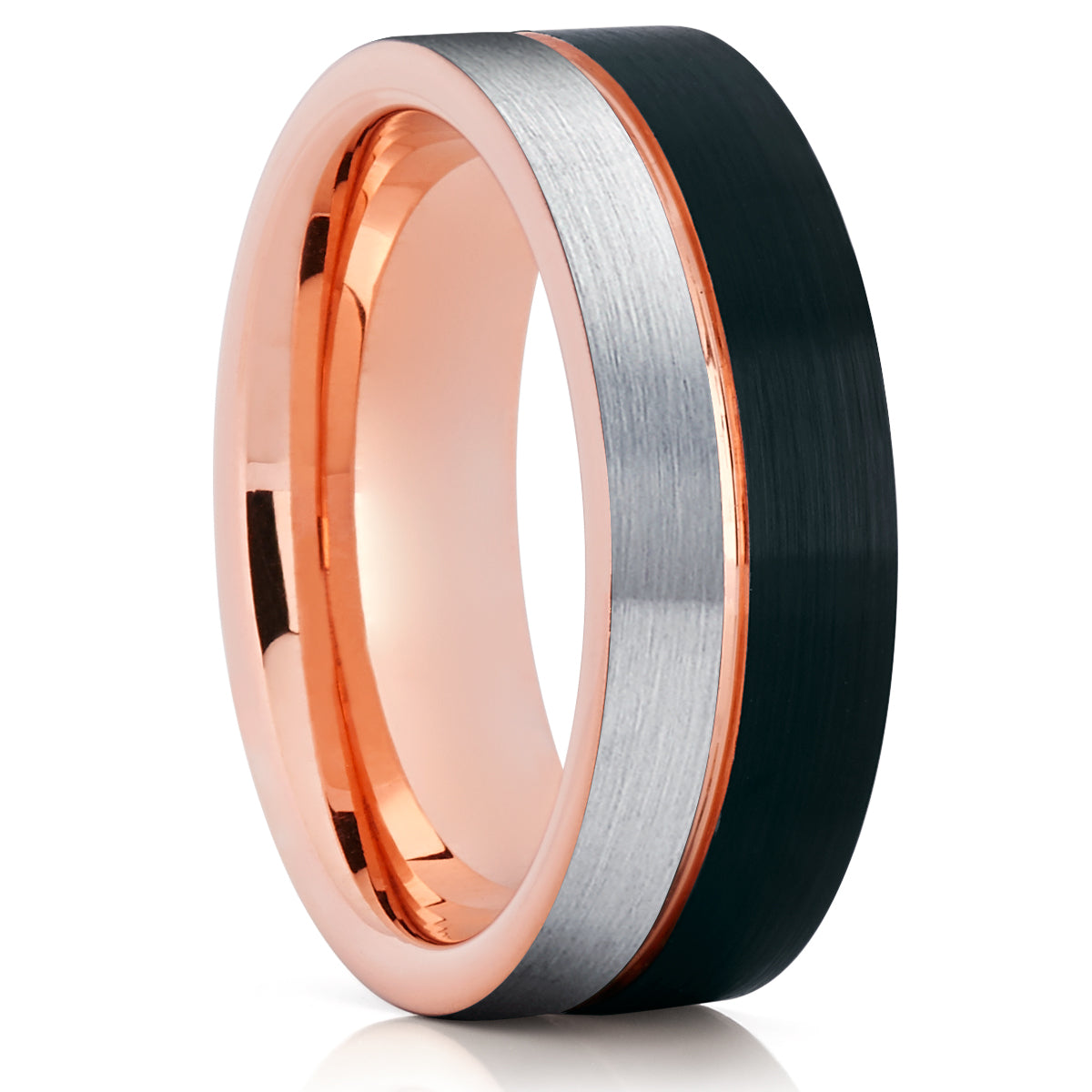 Silver Tungsten Wedding Band - Silver Tungsten Ring - Black Tungsten - Rose Gold Ring