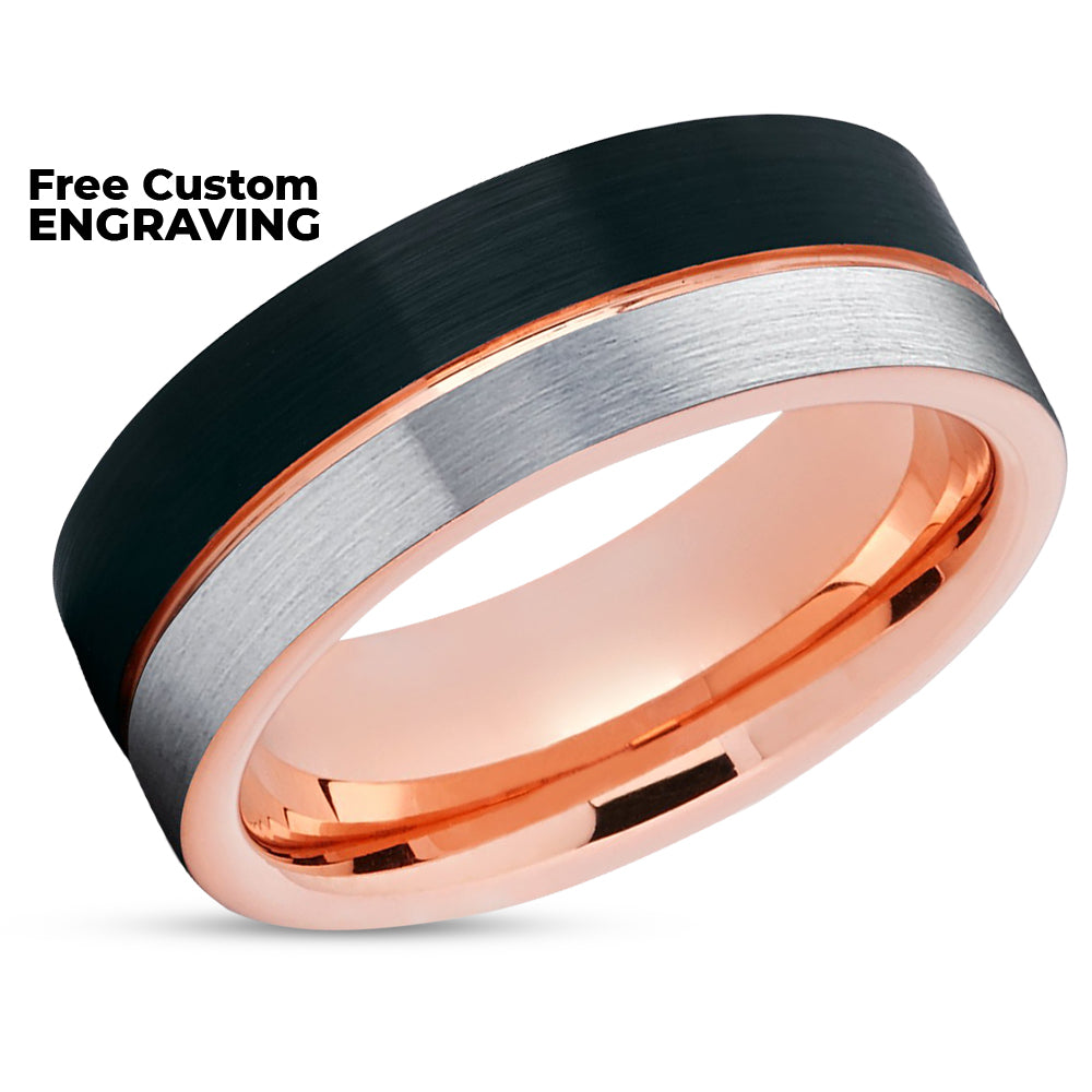 Silver Tungsten Wedding Band - Silver Tungsten Ring - Black Tungsten - Rose Gold Ring