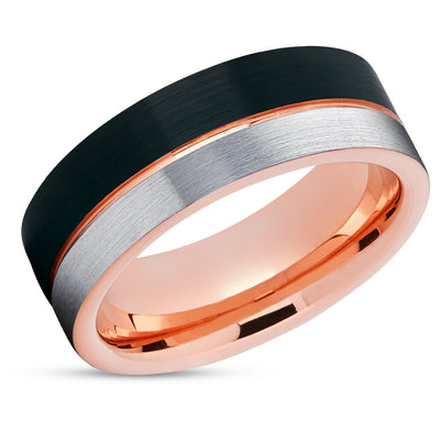Silver Tungsten Wedding Band - Silver Tungsten Ring - Black Tungsten - Rose Gold Ring