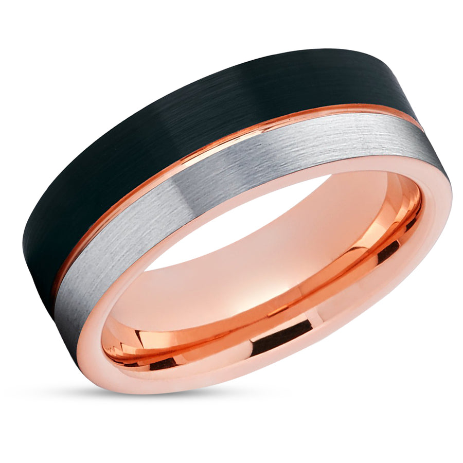 Silver Tungsten Wedding Band - Silver Tungsten Ring - Black Tungsten - Rose Gold Ring