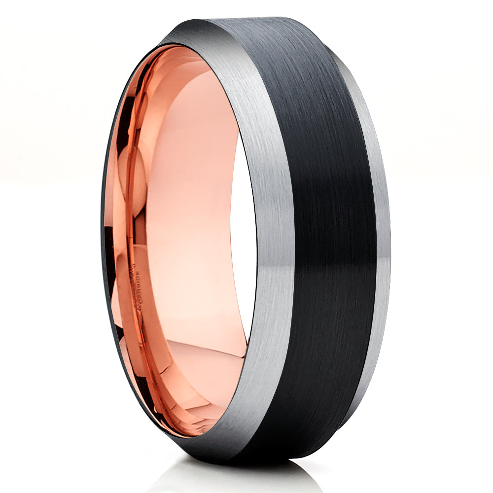 Black Tungsten Wedding Band - Rose Gold Tungsten - Beveled Wedding Ring - Unisex Ring