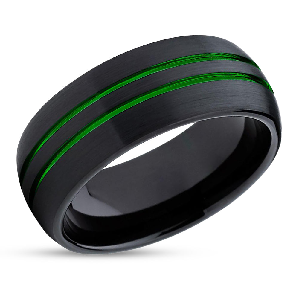 Green Tungsten Wedding Ring - Green Wedding Band - Black Tungsten Ring - Green Ring