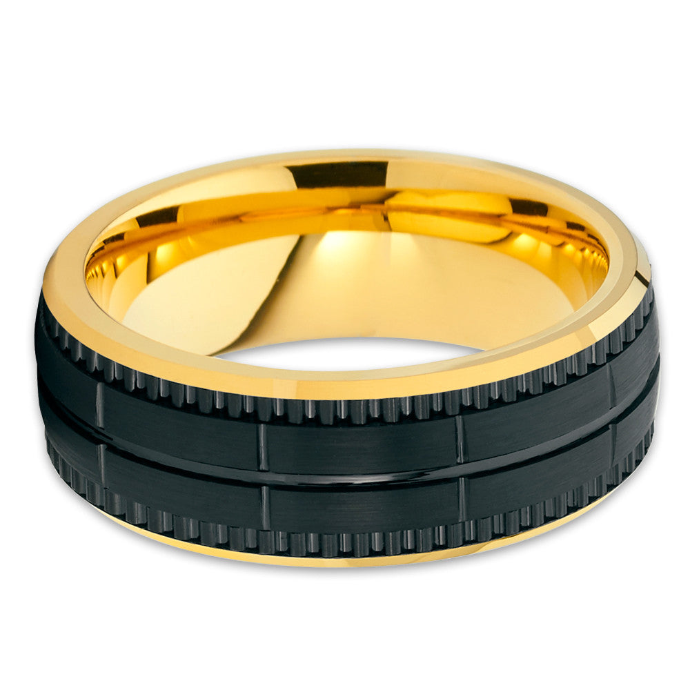 Yellow Gold Tungsten Ring - Black Wedding Band - Yellow Gold Tungsten Band - Clean Casting Jewelry