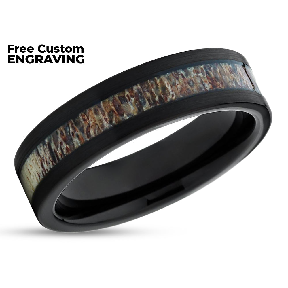 Deer Antler Wedding Ring - Black Wedding Ring - Tungsten Wedding Ring - Antler Band