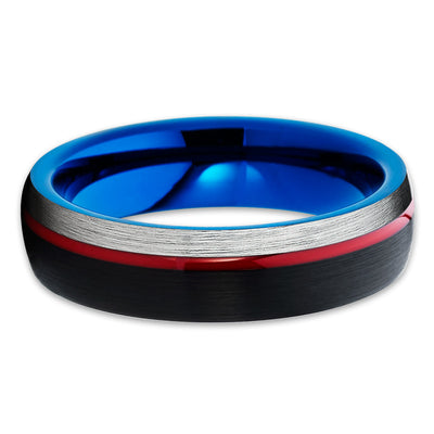 Red Tungsten Wedding Band - Black - Blue Tungsten Band - Black Brush - 6mm - Clean Casting Jewelry