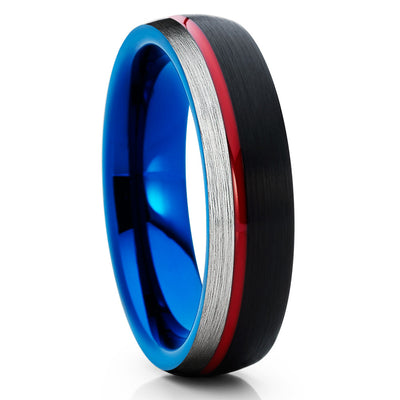 Red Tungsten Wedding Band - Black - Blue Tungsten Band - Black Brush - 6mm - Clean Casting Jewelry