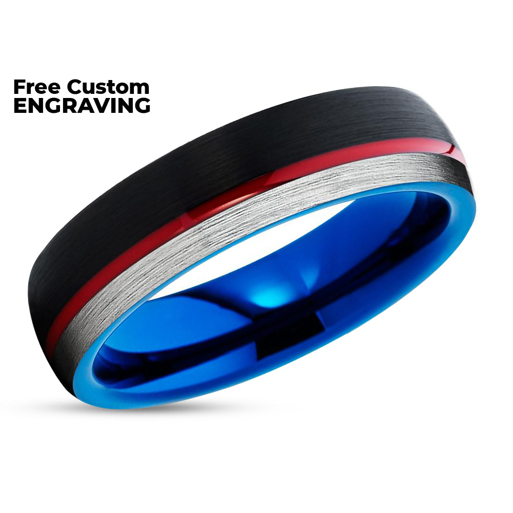 Red Tungsten Wedding Band - Black - Blue Tungsten Band - Black Brush - Red Ring