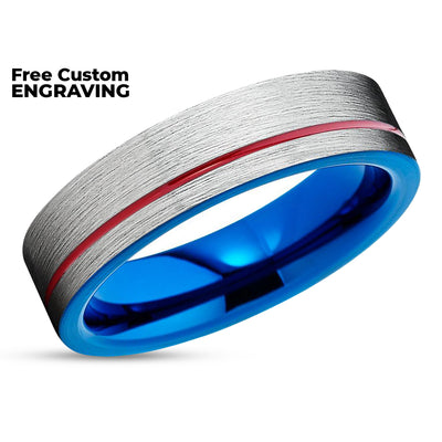 Red Tungsten Ring - Silver Wedding Band - Blue Tungsten Ring - Anniversary Ring