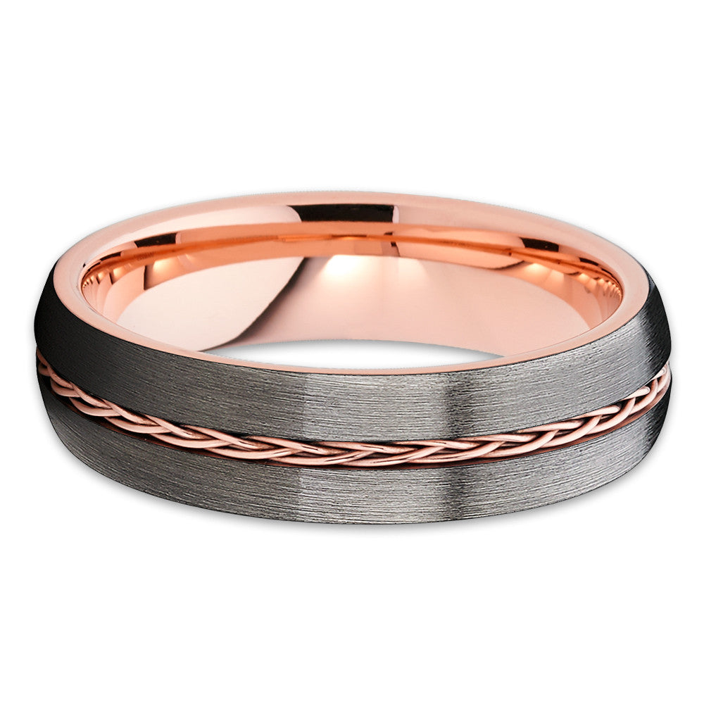 Rose Gold Tungsten Wedding Band - Braid Design - Gunmetal Ring - 6mm - Clean Casting Jewelry