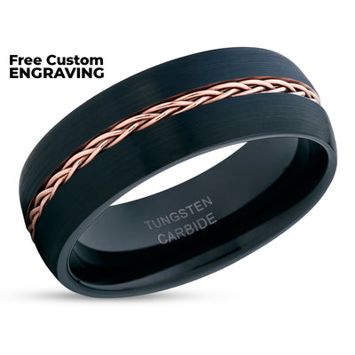 Black Wedding Band - Braid Ring - Rose Gold Wedding Ring - Tungsten Wedding Band