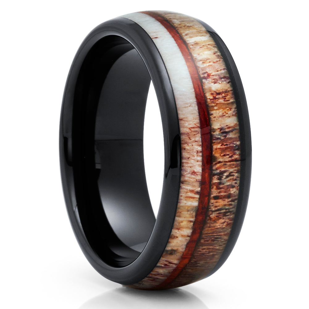 Deer Antler Tungsten Ring - Black Tungsten Ring - Koa Wood Tungsten - Clean Casting Jewelry