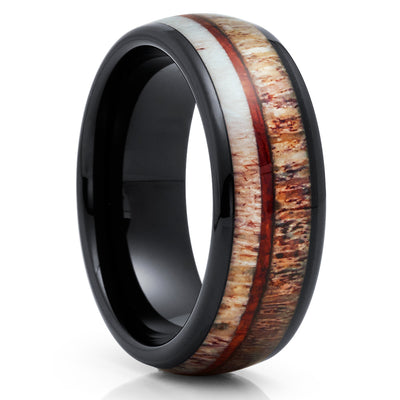 Deer Antler Tungsten Ring - Black Tungsten Ring - Koa Wood Tungsten - Clean Casting Jewelry