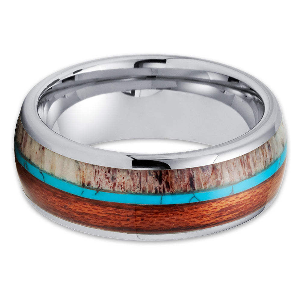 Deer Antler Tungsten Ring - Koa Wood Tungsten Ring - Turquoise Ring - Clean Casting Jewelry