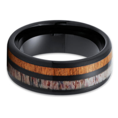 Deer Antler Wedding Band - Black Tungsten Ring - Cherry Wood Ring - 8mm - Clean Casting Jewelry