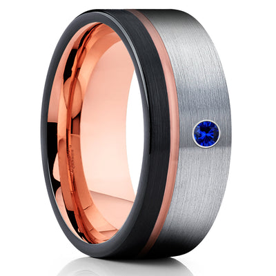 Blue Sapphire Tungsten Ring - Rose Gold Tungsten - Black Tungsten Ring - Brush - Clean Casting Jewelry