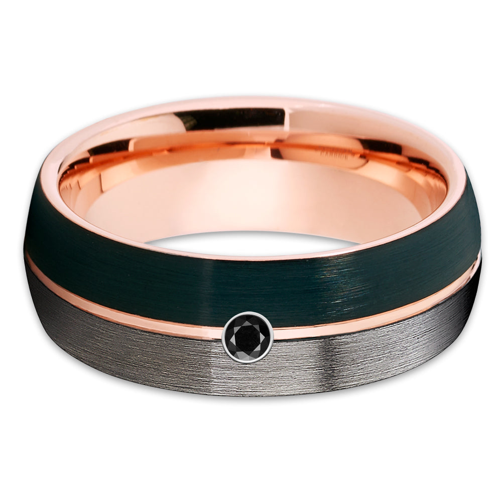 Gunmetal Tungsten Wedding Ring - Black Diamond Ring - Rose Gold Wedding Ring