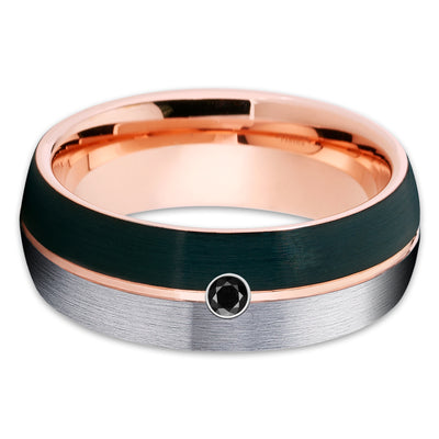 Rose Gold Wedding Ring - Black Tungsten Ring - Black Diamond Band - Rose Gold