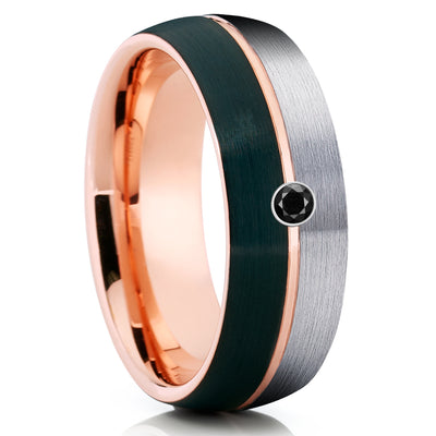 Rose Gold Wedding Ring - Black Tungsten Ring - Black Diamond Band - Rose Gold