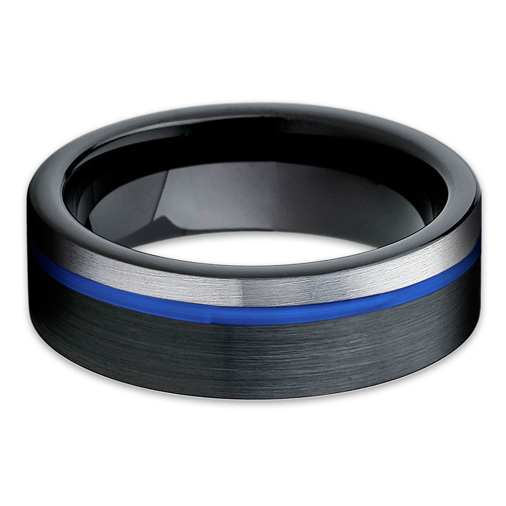 Blue Tungsten Ring - Gary Tungsten Ring - Black Tungsten - Brush - Clean Casting Jewelry