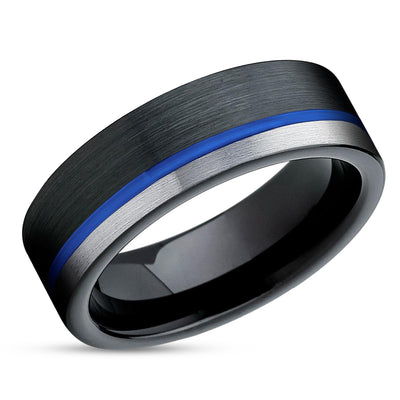 Black Wedding Band - Blue Tungsten Ring - Silver Wedding Ring - Black Wedding Band