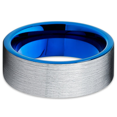 Blue Tungsten Wedding Band - Blue Tungsten Ring - Silver Brush - Clean Casting Jewelry