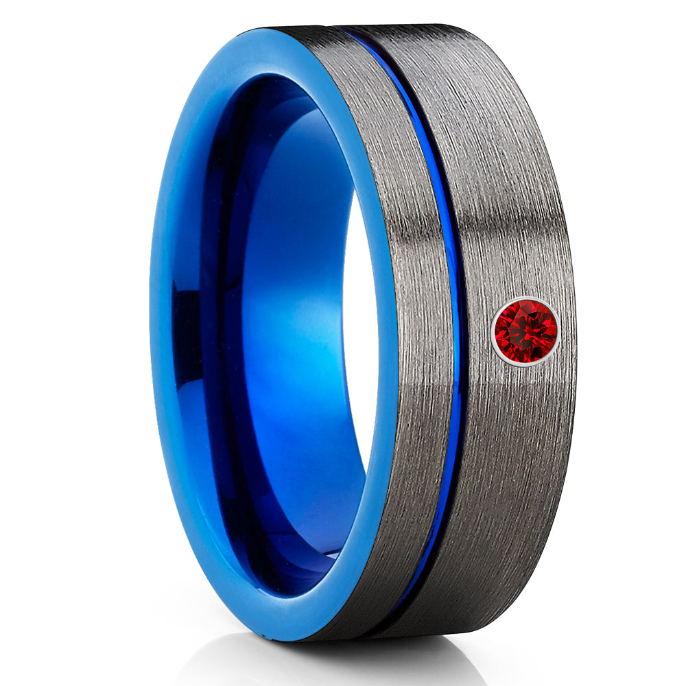 Ruby Tungsten Wedding Band - Blue Tungsten Ring - Gunmetal Tungsten - Brush - Clean Casting Jewelry