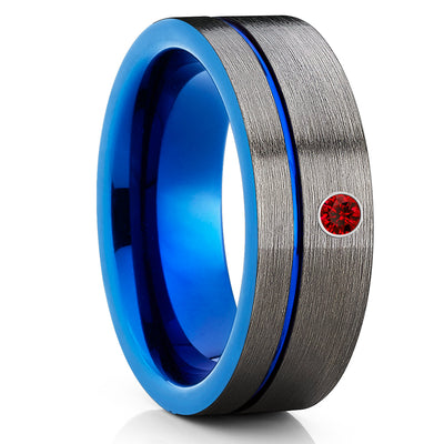 Ruby Tungsten Wedding Band - Blue Tungsten Ring - Gunmetal Tungsten - Brush - Clean Casting Jewelry