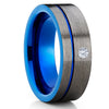 Blue Tungsten Wedding Band - White Diamond Ring - Gunmetal Ring - Brush - Clean Casting Jewelry 