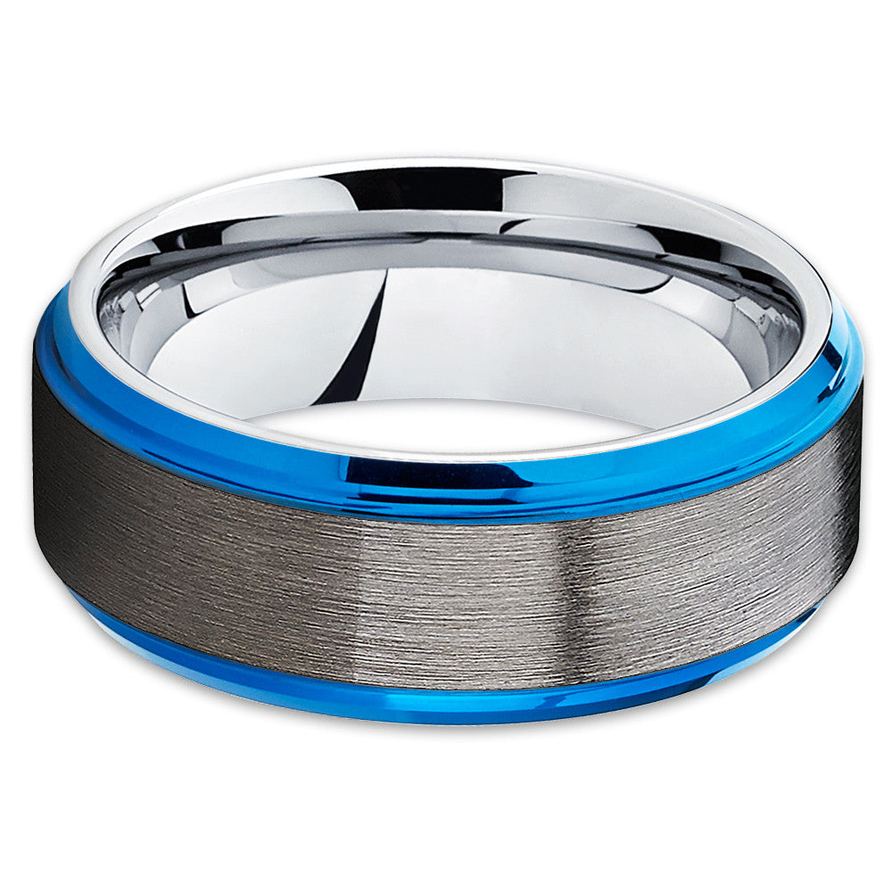 Blue Tungsten Wedding Band - Black - Gray Tungsten Ring - 8mm - Brush - Clean Casting Jewelry