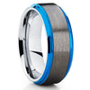 Blue Tungsten Wedding Band - Black - Gray Tungsten Ring - 8mm - Brush - Clean Casting Jewelry