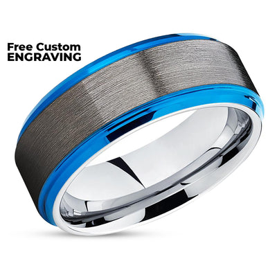Blue Wedding Band - Gunmetal Wedding Ring - Silver Tungsten Ring - Men & Women