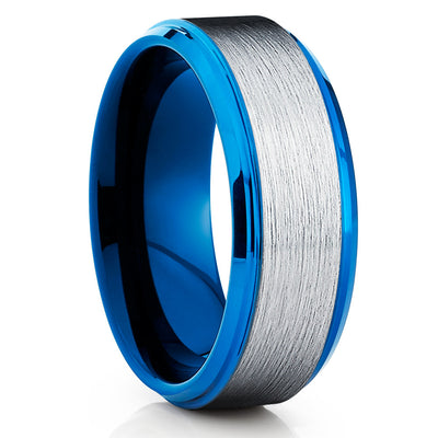 Blue Tungsten Wedding Band - Silver Tungsten - Blue Tungsten Ring - 8mm - Clean Casting Jewelry